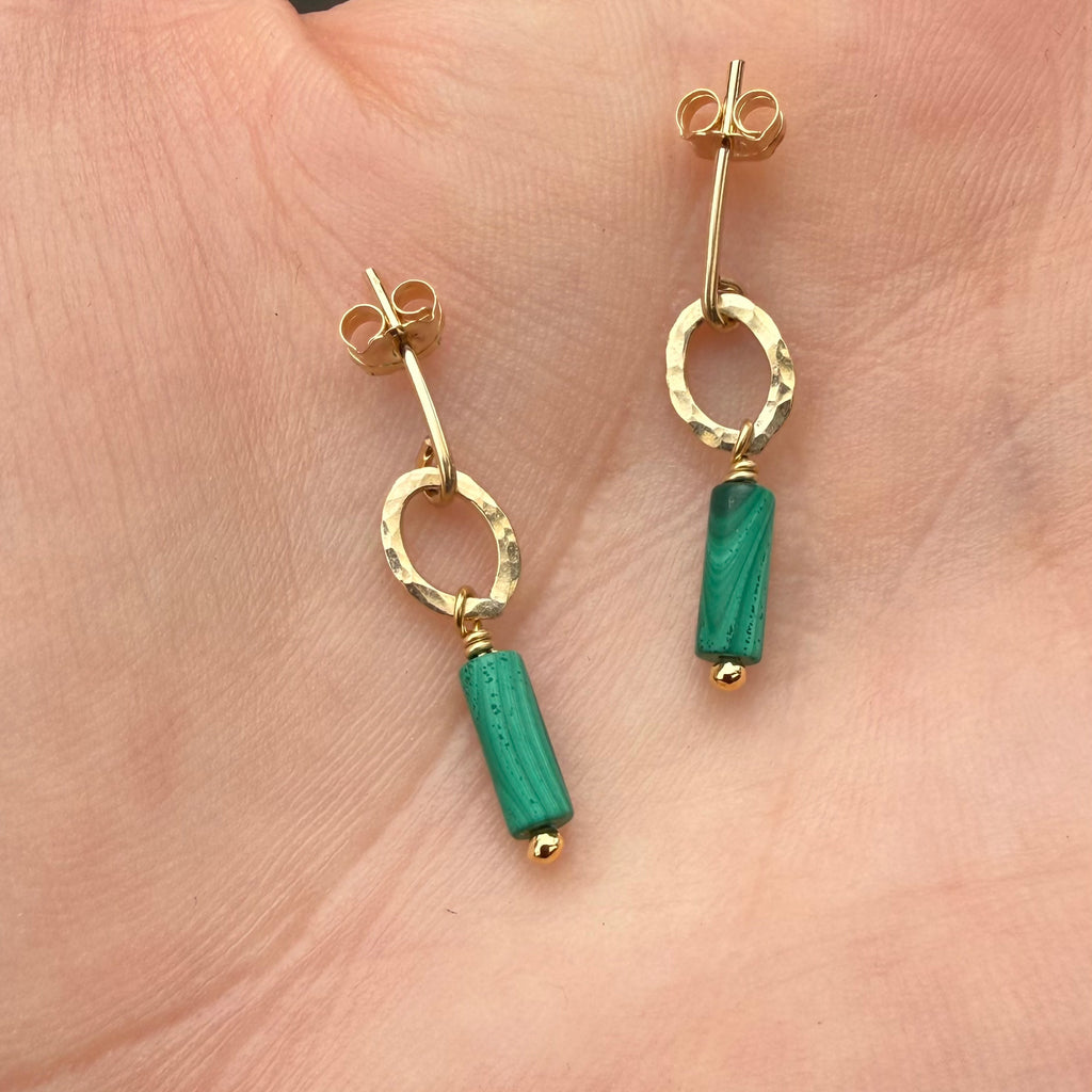 Hammered studs with malachite drop