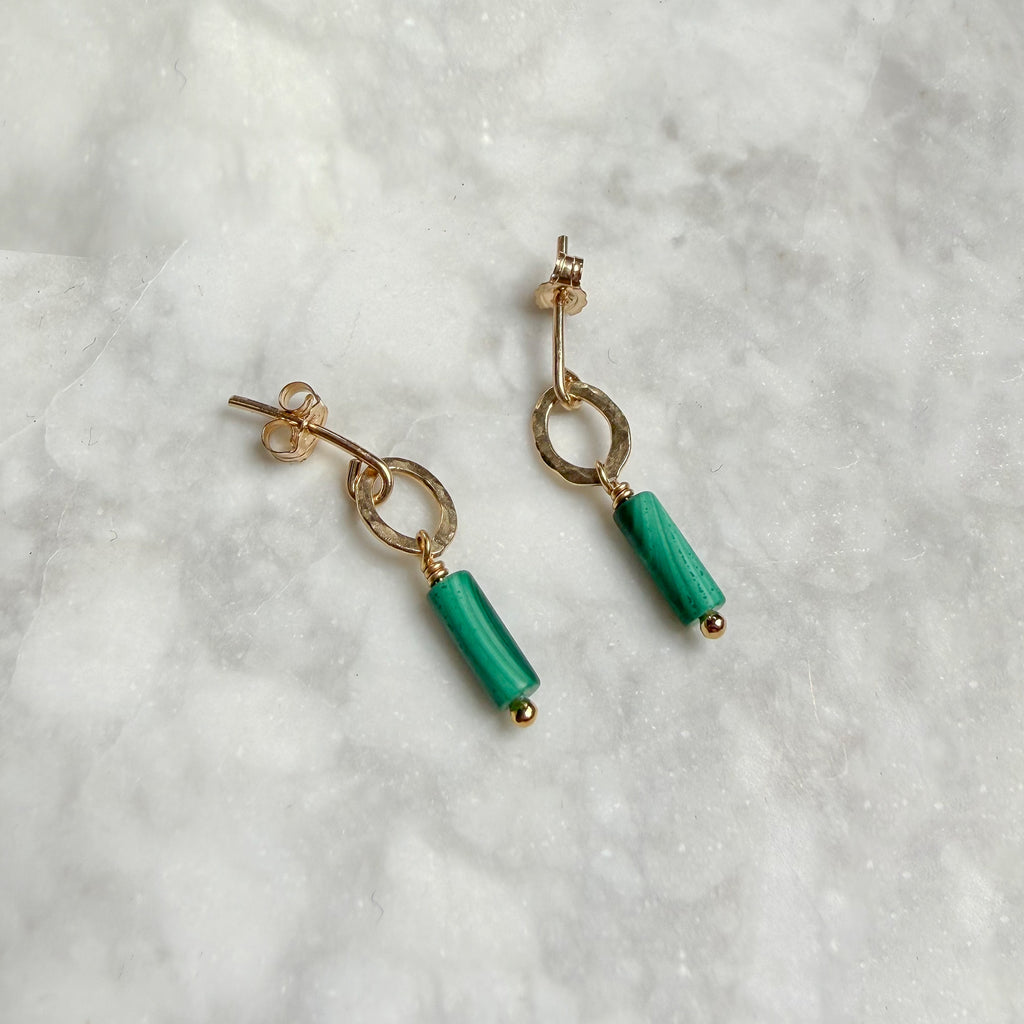 Hammered studs with malachite drop