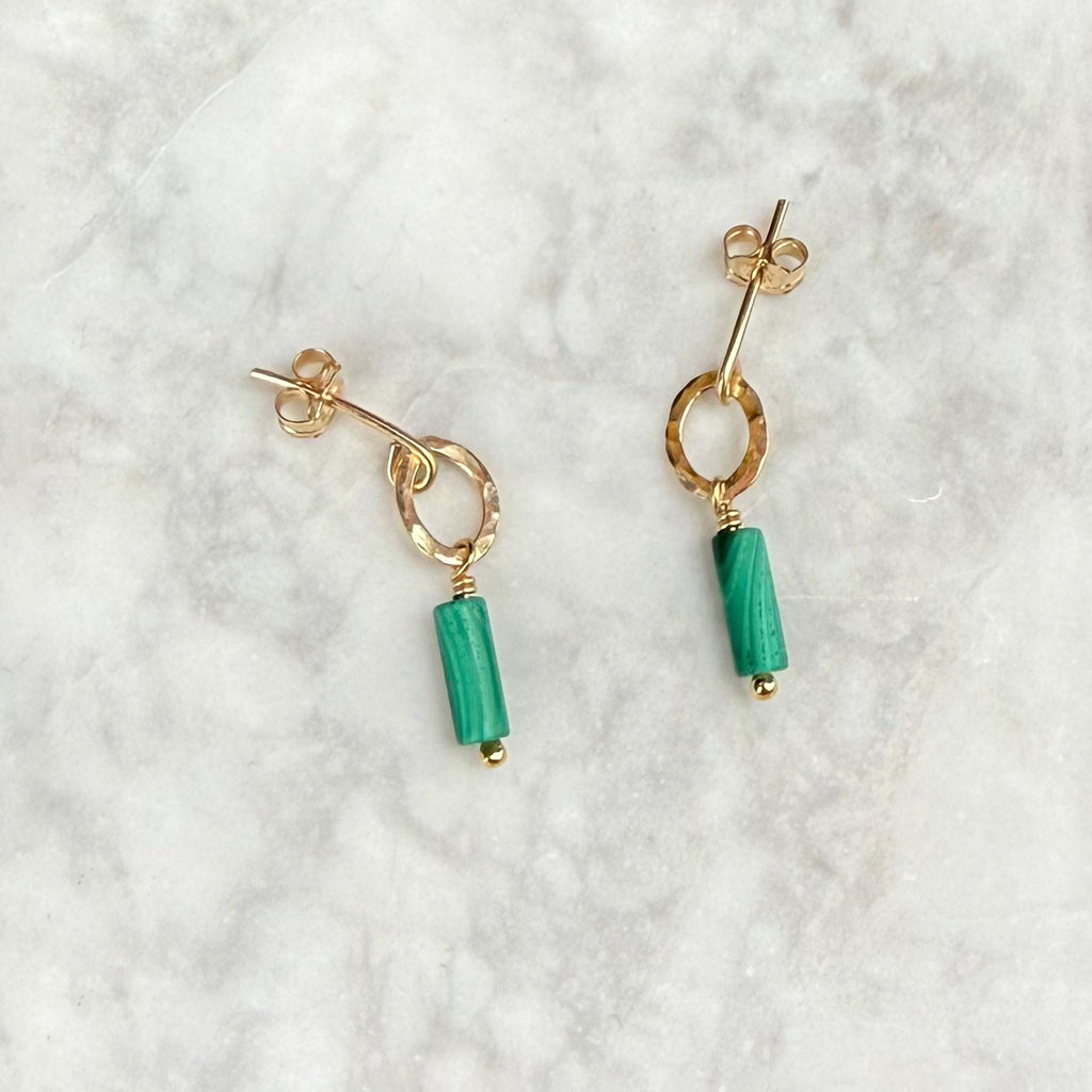 Hammered studs with malachite drop
