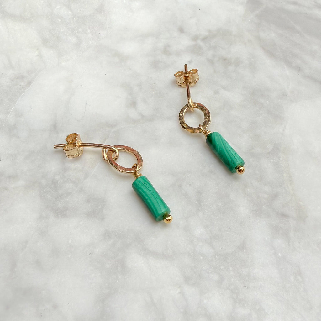 Hammered studs with malachite drop
